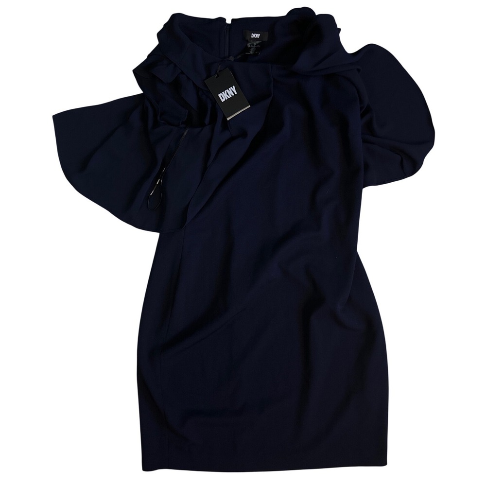 DKNY Womens Navy Blue Cold Shoulder Flutter Sleeve Sheath Dress Size 10P NWT